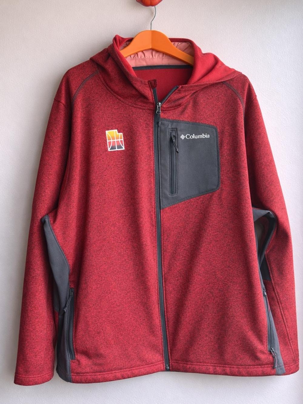 Columbia Red Hooded Full-Zip Jacket with Gray Accents